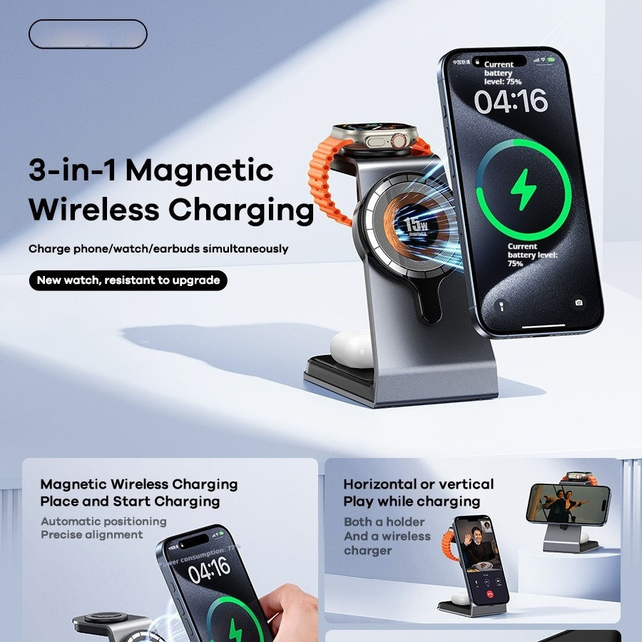 Aluminum Alloy Upgrade-free Desktop Three-in-one Bracket Magnetic Wireless Charger