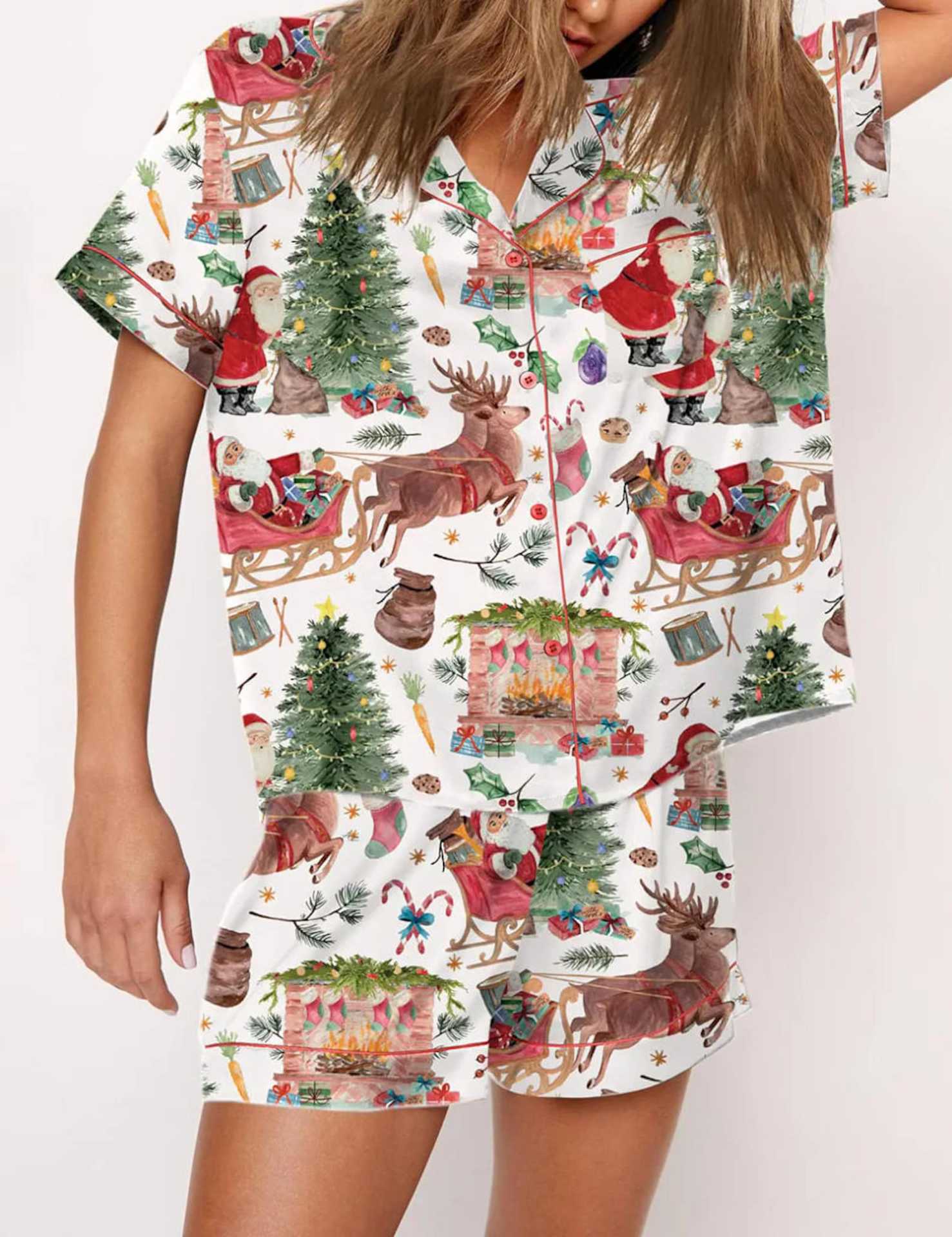 Women’s Christmas Short Sleeve Pyjama Set – Festive Printed Loungewear